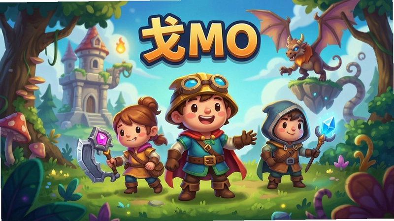 戈莫游戏主视觉图,色彩丰富,角色可爱,展现奇幻冒险氛围