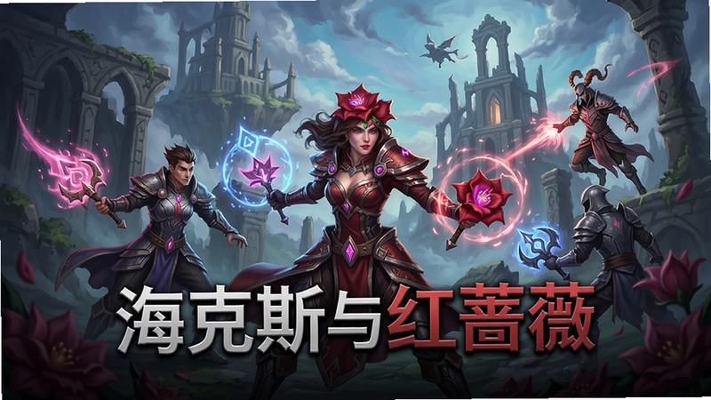 “海克斯与红蔷薇”游戏主视觉,奇幻世界,角色立绘,魔法战斗场景