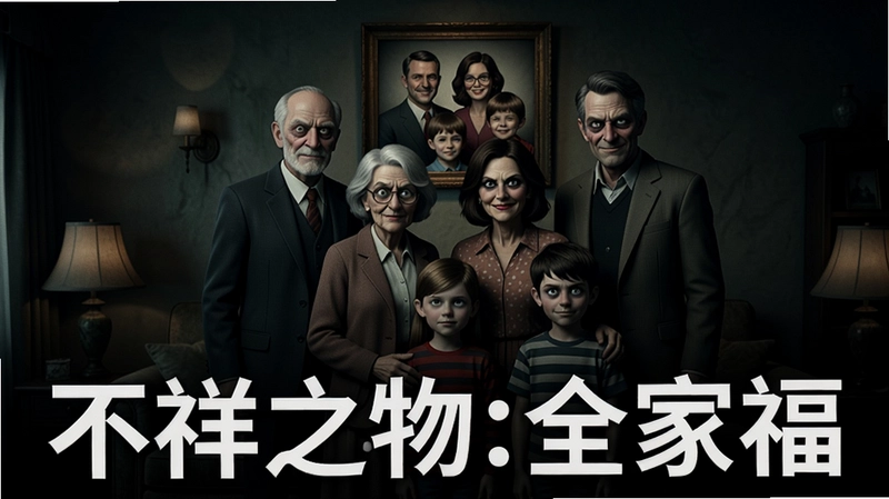 生成一张“不祥之物:全家福”游戏宣传海报,画面中一家老小站在昏暗的客厅里,表情诡异,墙上挂着一张全家福照片,氛围阴森神秘,画面风格写实,具有电影感
