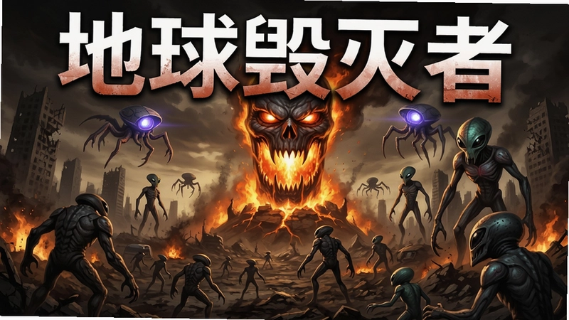 “地球毁灭者” 游戏宣传图, 展示末日战场与外星入侵的宏大场景