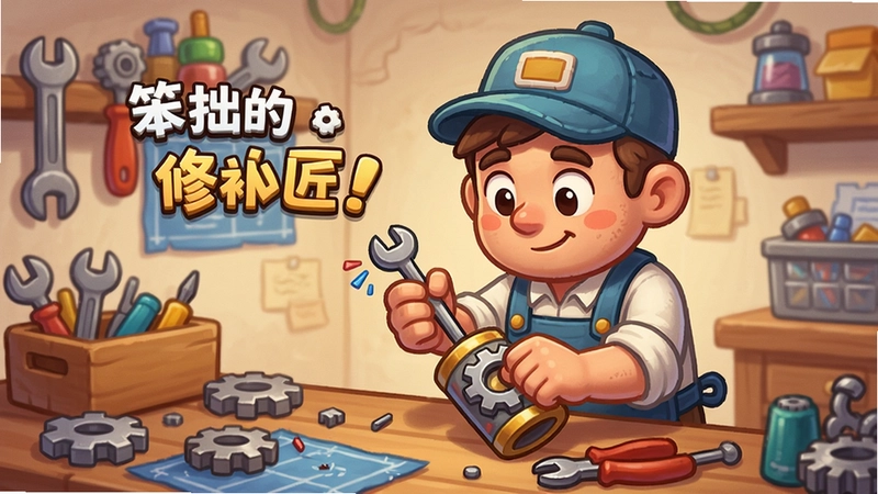 “笨拙的修补匠”游戏主题插画,展示主角在工坊中认真修理物品的场景,周围摆放着各种工具和零件,卡通风格,色彩明亮,画面温馨