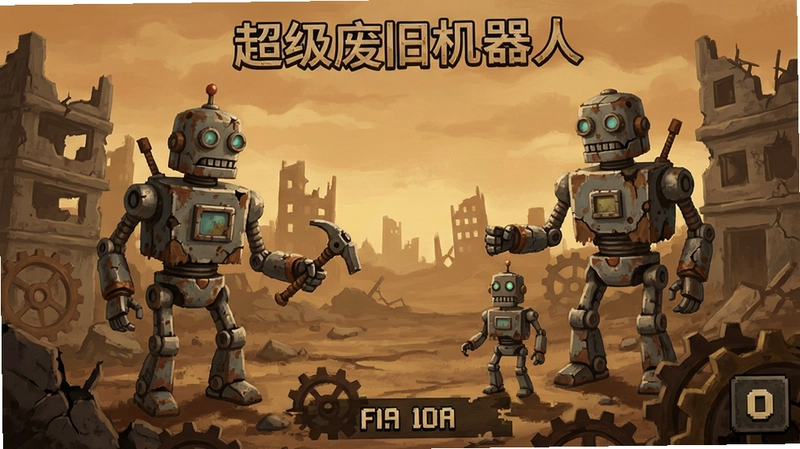 超级废旧机器人游戏场景,废土机器人冒险,关键词“超级废旧机器人”