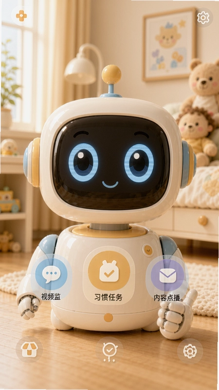 小方头app智能学前教育机器人管理界面,展示语音微聊、视频监控、习惯任务、内容点播等核心功能,画面温馨清晰
