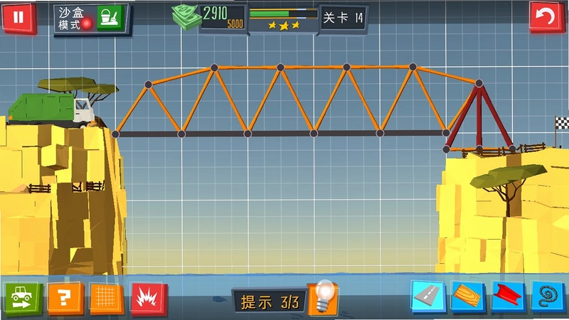 桥+游戏新手教程,游戏界面截图,显示桥梁搭建步骤和材料选择面板