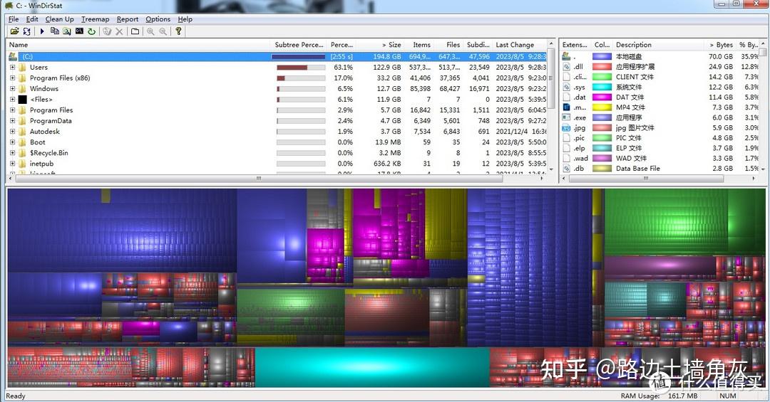 WinDirStat磁盘占用分析工具扫描C盘彩色方块图效果