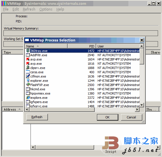 VMMap下载启动后选择目标进程的界面