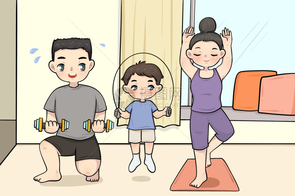 每日健康管理家庭一起运动吃饭场景配图